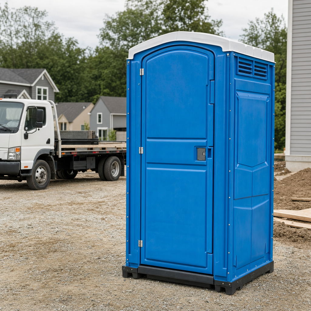 Delivery driver positioning a clean royal-blue portable toilet on level ground at a Elizabeth worksite