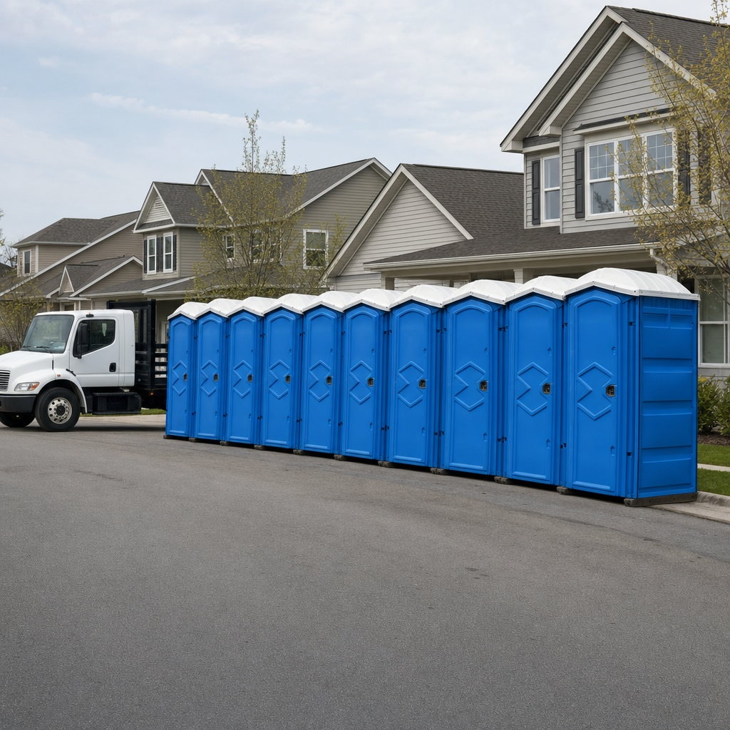 Royal blue portable toilets staged in a tidy row at a Elizabeth jobsite, ready for delivery